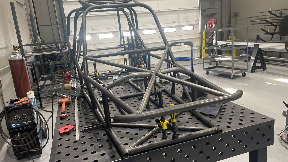 Tube chassis tacked together on the welding table