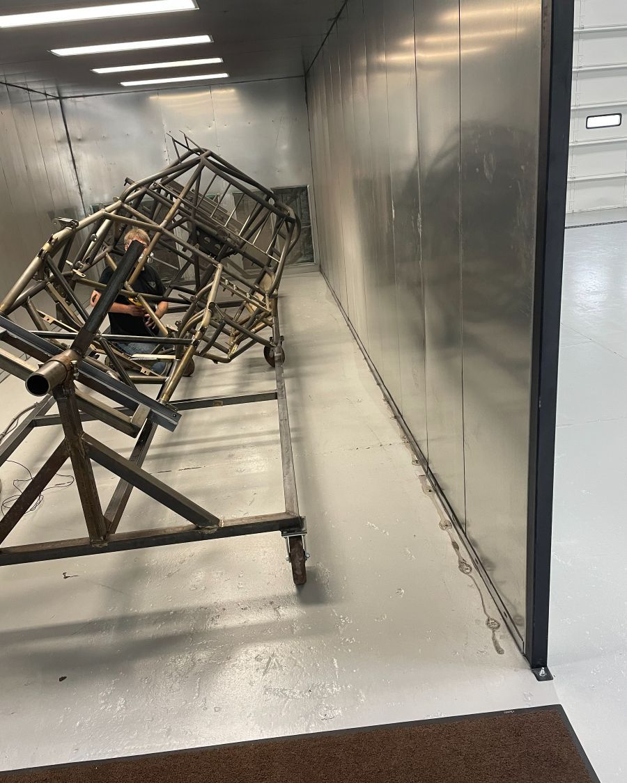 Chassis hanging in the coating booth