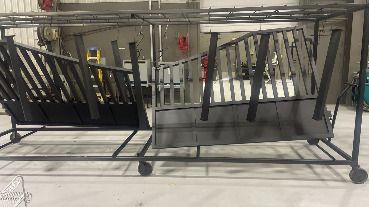 Steel railings on the rack after coating